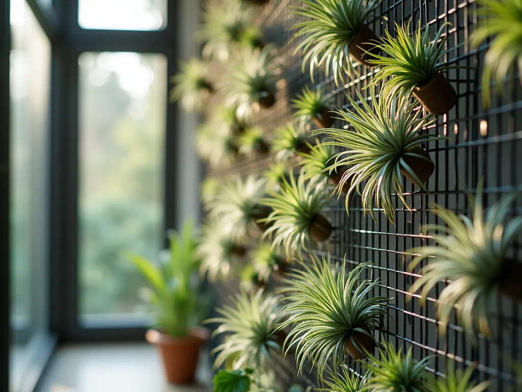 Modern Window Air Plant Grid Display - A sophisticated close-up photograph of a sleek, black wire grid mounted beside a large modern window, featuring an artfully arranged collection of Tillandsia air plants. Natural sunlight streams through the window, creating subtle shadows and highlighting the silvery-green foliage of the air plants. The wire grid spans from floor to ceiling, showcasing various sizes of air plants mounted at different heights, creating a living architectural installation. The window frames a blurred garden view beyond, while the clean lines of the mounting system contrast beautifully with the organic forms of the plants. Shot with shallow depth of field to emphasize the textural details of the air plants, with morning light casting a warm, ethereal glow across the display.