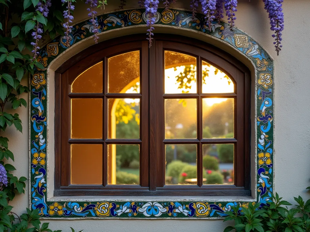 Enchanting Mosaic Window Border at Sunset - A stunning close-up photograph of a Mediterranean-style window with an intricate mosaic border, featuring vibrant blues, greens, and amber glass tiles catching the warm golden light of sunset. The artistic border patterns incorporate swirling floral motifs and geometric designs, complementing the lush garden visible through the window. The scene captures trailing wisteria framing the window's exterior, while the mosaic tiles sparkle against the weathered stucco wall. Shot with a DSLR camera at f/8, perfectly capturing the detailed texture of each tile while maintaining clarity of the garden backdrop. Natural evening lighting creates dramatic shadows that emphasize the dimensional quality of the mosaic work.