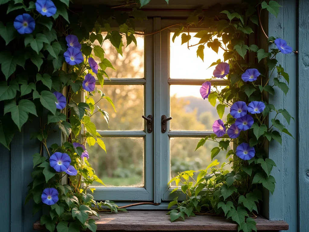 Natural Living Window Curtains with Morning Glory - A stunning DSLR wide-angle shot of a rustic cottage window with cascading morning glory vines creating a natural curtain, captured during golden hour. The delicate blue-purple flowers frame the window perfectly, growing on elegant copper tension wires. Soft evening light filters through the living curtain, casting dappled shadows on the weathered window sill. Crystal-clear detail shows dewdrops on the leaves, with a blurred cottage garden visible through the window. The composition showcases the harmonious blend of architecture and nature, with the climbing vines providing both privacy and natural beauty. Photographic quality at f/8, ISO 100, capturing the enchanting interplay of light and shadow.