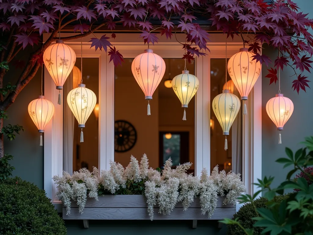 Oriental Paper Lanterns at Garden Window - A stunning dusk photograph of a large garden window framed by delicate oriental paper lanterns in soft pastel colors of blush pink, sage green, and ivory. The lanterns vary in size from 8 to 16 inches, creating visual depth and are softly illuminated, casting a warm ethereal glow. Japanese maple branches with deep burgundy leaves gently frame the upper corners of the window. The window itself reflects the last light of day while offering glimpses into a cozy interior. A wooden window box below contains cascading white moonflowers and purple wisteria. The scene is captured from a slight angle to show depth, with some lanterns gently swaying in the evening breeze. Shot with shallow depth of field to create a dreamy atmosphere, highlighting the paper lanterns' delicate patterns and translucent qualities. Ambient garden lighting in the background creates subtle bokeh effects.