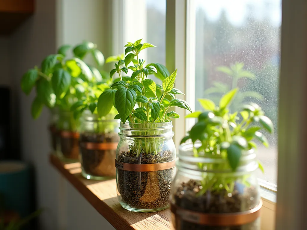 Rustic Window Herb Garden with Mason Jars - Close-up shot of a charming kitchen window with sunlight streaming through, illuminating a DIY herb garden made of vintage mason jars mounted on weathered wooden planks. The jars contain thriving herbs like basil, thyme, rosemary, and mint, their leaves casting delicate shadows. The mason jars are secured with antique copper brackets, arranged in a cascading pattern, with morning dew drops glistening on the glass. The window frame is painted in soft white, complementing the rustic wooden mounting board, while the herbs create a lush green display against the natural light