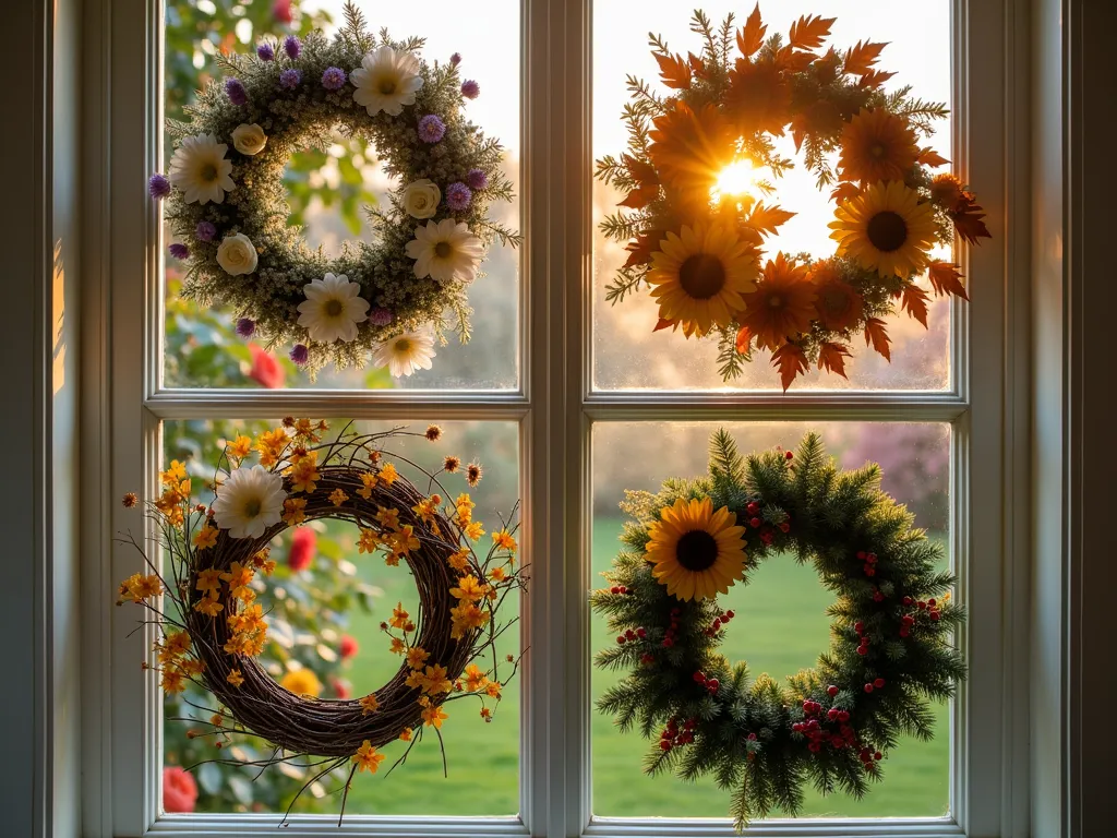 Four Seasons Garden Window Wreaths - Close-up perspective of an elegant craftsman-style window with four seasonal wreaths artfully arranged in a grid pattern, photographed at golden hour. Spring wreath features cherry blossoms and tulips, summer displays vibrant sunflowers and lavender, autumn showcases maple leaves and chrysanthemums, while winter exhibits pine branches and red berries. Soft natural lighting casts warm shadows through the window panes, highlighting the intricate details of each wreath against white-painted window frames. A lush garden backdrop with climbing roses visible through the glass creates depth. Shot with a digital camera, 35mm focal length, f/2.8, ISO 400, creating a dreamy bokeh effect.