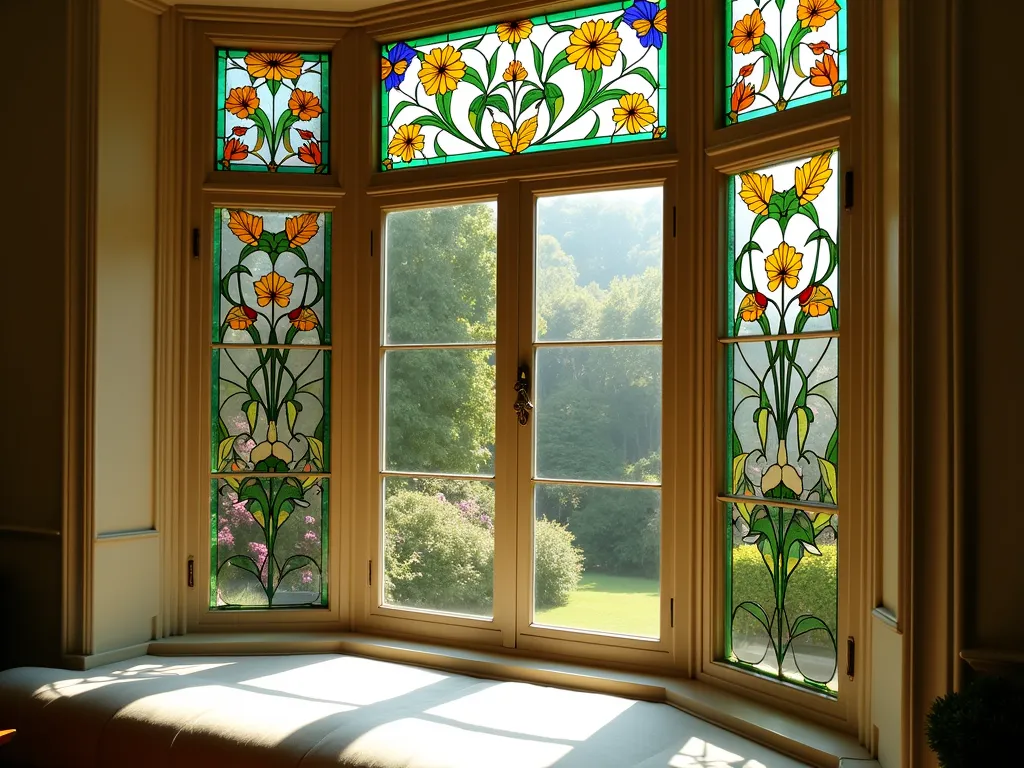 Sunlit Stained Glass Garden Window - Close-up view of an elegant bay window featuring Art Nouveau-style stained glass panels with flowing botanical designs in emerald green, amber, and sapphire blue. Golden late afternoon sunlight streams through the panels, casting vibrant colored patterns onto a white window seat below. Beyond the window, a lush cottage garden is visible with climbing roses and wisteria, creating a harmonious blend between the artistic glass and natural landscape. The stained glass depicts graceful flowering vines, butterflies, and leaves in weatherproof materials, photographed with soft depth of field to capture the magical interplay of light and color.