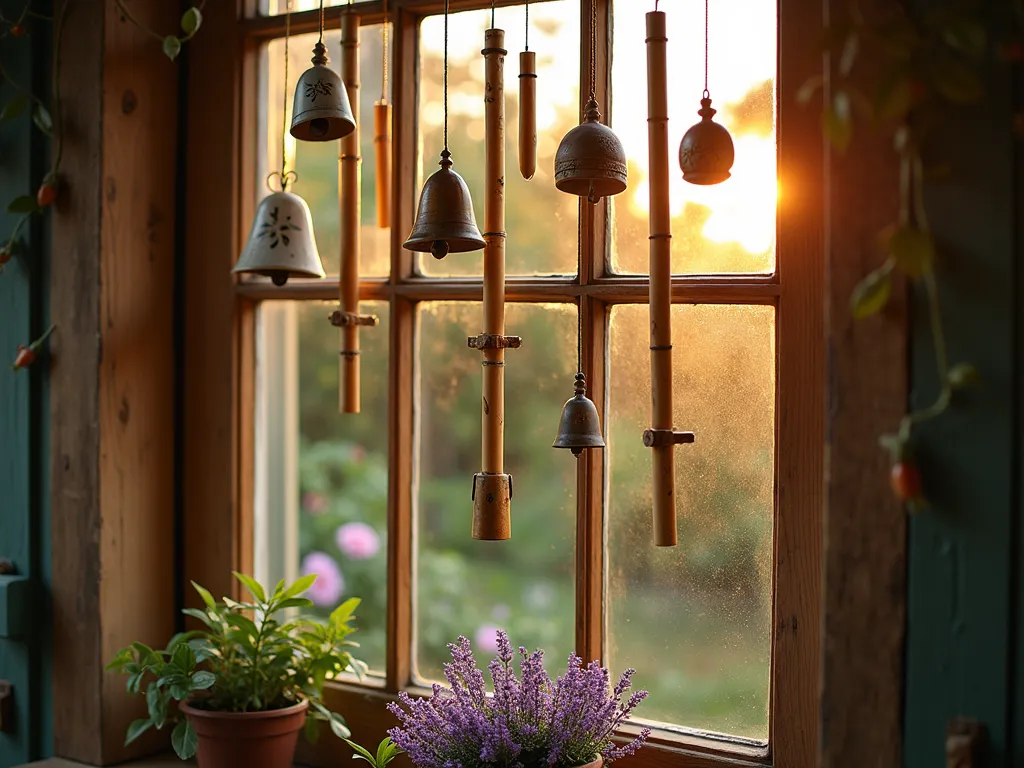 Sunset Wind Chime Symphony - A serene garden window scene at golden hour, captured with a medium shot using a 16-35mm lens at f/2.8, ISO 400. A rustic wooden window frame is adorned with an artful arrangement of diverse wind chimes, including copper tubes, crystalline elements, and bamboo chimes of varying lengths. The chimes create elegant layers against the window, with some catching the warm sunset light. Delicate ceramic bells with hand-painted designs are interspersed among metallic chimes, while natural bamboo pieces add organic texture. The background shows a softly blurred cottage garden with climbing roses. The composition captures the gentle movement of the chimes in the evening breeze, with subtle motion blur suggesting their melodic dance. The golden sunlight filters through the chimes, casting intricate shadows on the window sill where potted lavender adds a touch of purple. The photograph emphasizes the artistic arrangement and the interplay of materials, textures, and light, creating a mystical and peaceful atmosphere.