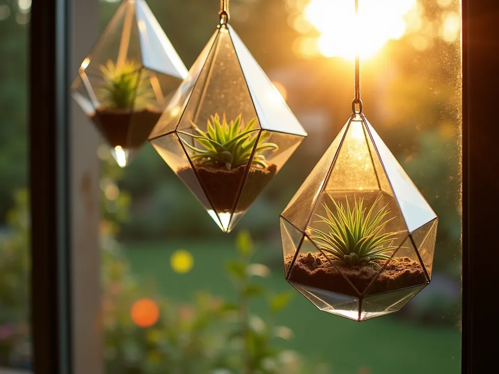 Modern Geometric Glass Terrariums at Sunset - A dreamy close-up photograph of three elegant geometric glass terrariums suspended at varying heights outside a large window, backlit by warm golden sunset light. The terrariums contain vibrant air plants and small succulents, creating floating miniature gardens. Crystal-clear glass prisms cast ethereal rainbow patterns on the window pane, while a lush garden backdrop is softly blurred in bokeh. Shot with a shallow depth of field highlighting the delicate plant details and glass facets, 16-35mm lens at f/2.8, ISO 400, capturing the magical interplay of light, glass, and living plants.