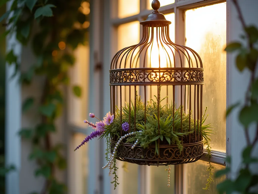 Enchanting Vintage Birdcage Garden Window - Close-up shot of an ornate antique brass birdcage planter hanging by a rustic window, captured during golden hour. The birdcage is overflowing with delicate purple passion vine and trailing string of pearls. Soft evening sunlight filters through vintage glass windowpanes, creating a dreamy atmosphere. Small air plants nestle between the decorative cage bars, while wisps of Spanish moss add ethereal texture. The window frame features weathered white paint, and climbing jasmine frames the scene. Photographed with shallow depth of field, emphasizing the romantic vintage aesthetic. 16-35mm lens, f/2.8, ISO 400.