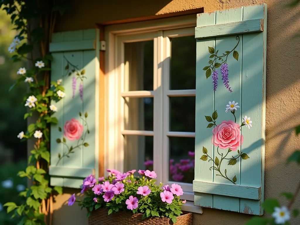 Vintage Hand-Painted Garden Shutters - A close-up DSLR photo of charming vintage-style wooden window shutters hand-painted with delicate wildflowers and climbing vines, mounted beside a cottage garden window. The shutters feature a weathered sage green base with artistically painted pink roses, purple wisteria, and white daisies trailing across their surface. Golden late afternoon sunlight filters through the window, casting dappled shadows on the shutters and highlighting their intricate painted details. The window frame is adorned with blooming window boxes filled with cascading petunias and ivy, complementing the painted designs. Shot with a wide-angle lens at f/8, capturing both the detailed artistry of the shutters and the soft garden backdrop behind the window.