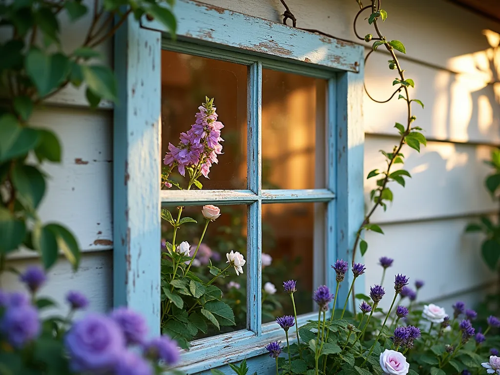 Vintage Window Frame Garden Trellis with Climbing Flowers - A close-up shot of a weathered vintage window frame painted in soft duck-egg blue, repurposed as a garden trellis against a cottage-style exterior wall. Delicate purple clematis and white star jasmine vines elegantly weave through the window panes, creating a romantic, three-dimensional living artwork. Golden evening sunlight filters through the frame, casting intricate shadows on the wall behind. The glass has been removed, leaving the charming wooden muntins to support the climbing plants. Surrounding garden beds feature lavender and roses, enhancing the shabby-chic aesthetic. Shot with shallow depth of field focusing on the weathered paint texture and blooming flowers.