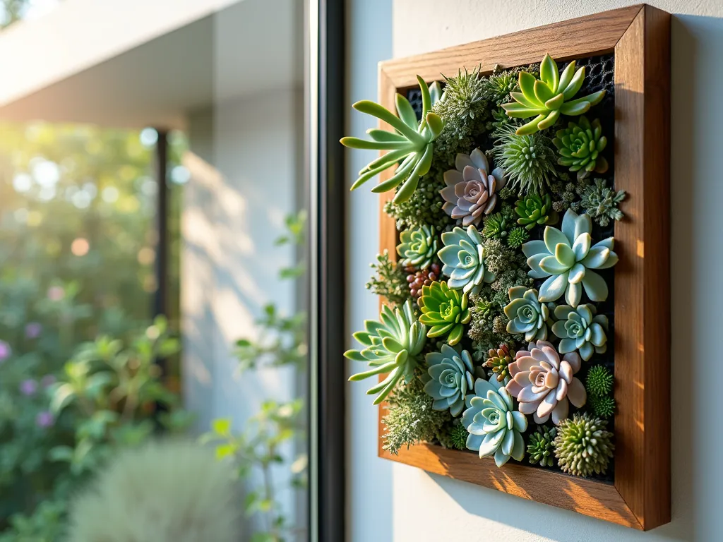 Elegant Window Succulent Frame Display - Close-up shot of an elegant wooden picture frame mounted next to a large window, filled with a meticulously arranged vertical garden of diverse succulents in varying shapes, sizes, and colors. The frame features Echeveria rosettes in soft blues and pinks, trailing String of Pearls, spiky Haworthia, and compact Sedum varieties, creating a living mosaic pattern. Soft late afternoon sunlight streams through the window, highlighting the natural textures and subtle color variations of the succulents. The backdrop shows a partial view of a modern garden through the window, creating a seamless indoor-outdoor connection. The frame is professionally mounted with a slight tilt to prevent water pooling, featuring a sophisticated black mesh background that allows for proper drainage and plant support. Hyperrealistic, architectural photography style, 8K resolution.