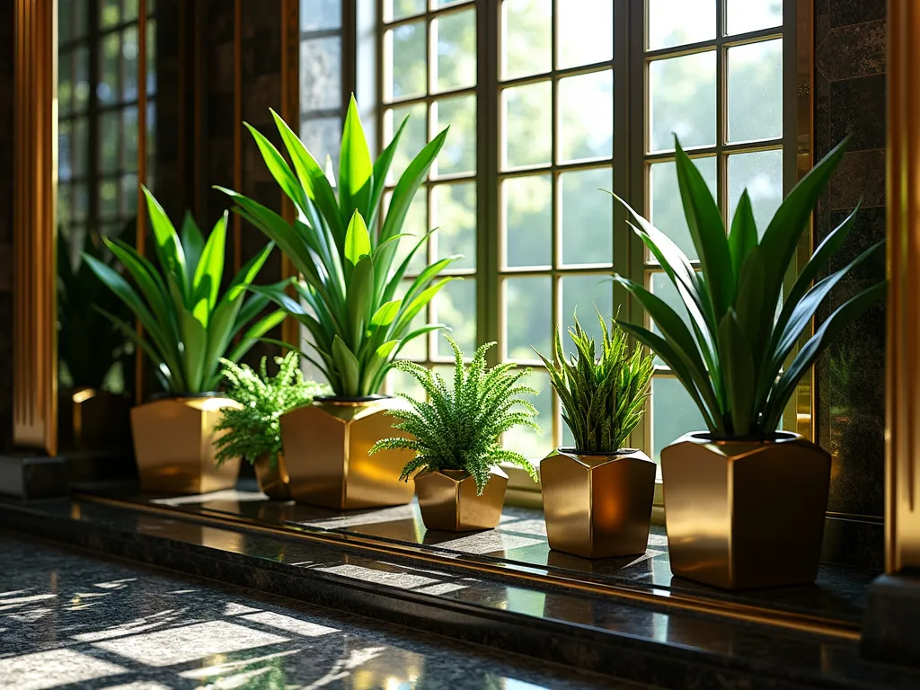 Art Deco Garden Window Display - A luxurious Art Deco-style garden window display with gold and black geometric metal planters arranged on stepped glass shelves, hyperrealistic, detailed photography style. Mirrored panels reflect natural light and create depth. Featuring structured plants like snake plants and peace lilies in brass hexagonal containers. Rich emerald green foliage contrasts against champagne-colored metalwork. Sunlight streams through creating dramatic shadows and highlights on the mirrored surfaces. 8k resolution, architectural photography, dramatic lighting