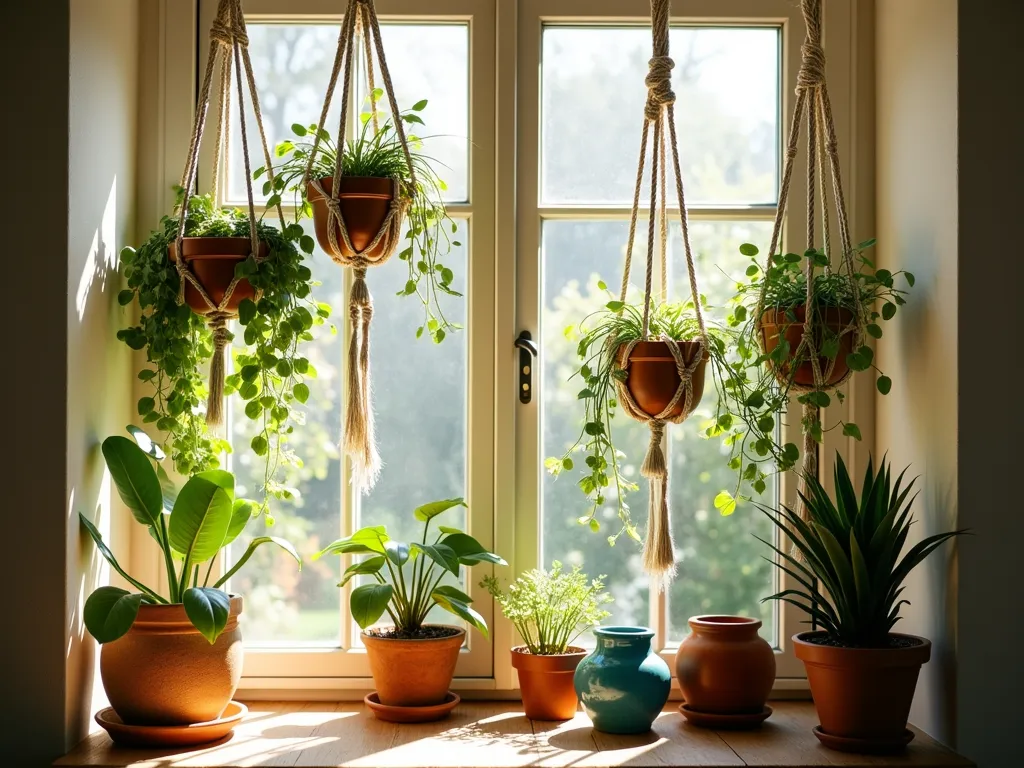 Bohemian Macramé Garden Window Display - A sun-drenched bay window with intricate handwoven macramé plant hangers in natural beige and cream colors, suspended at varying heights. Multiple hanging planters feature cascading pothos, string of pearls, and spider plants. Eclectic ceramic pots in earthy terracotta, turquoise, and cobalt blue add bohemian charm. Warm sunlight filters through the textured macramé creating artistic shadows on the window seat below. The overall composition is layered and organic, with plants at different levels creating a relaxed, dreamy atmosphere. Photorealistic, soft natural lighting, interior design photography style.