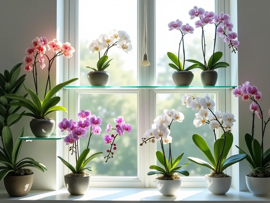 Elegant Cascading Orchid Window Display - A sunlit bay window featuring multiple glass shelves floating elegantly against the window pane, showcasing a stunning collection of blooming orchids cascading at different heights. Phalaenopsis and Dendrobium orchids in clear glass pots create a waterfall effect, with some flowers draping gracefully downward. Soft natural light filters through the transparent shelves, creating ethereal shadows and highlighting the delicate purple, white, and pink orchid blooms. The modern, minimalist design emphasizes the floating appearance of the display, photorealistic style, high-end interior photography, clean lines, architectural detail