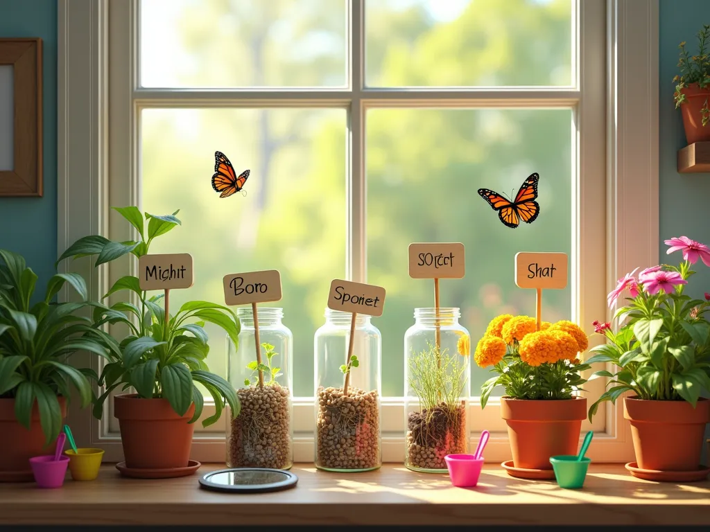 Interactive Children's Garden Window Display - A sunny bay window with glass shelves featuring a magical educational garden display. Clear glass jars show sprouting beans with visible root systems, while colorful potted marigolds and butterfly bush attract monarch butterflies. Child-friendly wooden plant markers with neat handwriting label each specimen. A small magnifying glass rests nearby, and rainbow-colored measuring cups for watering add whimsy. Soft natural light streams through the window, creating a warm, inviting atmosphere perfect for young botanists. Photorealistic, detailed, cheerful colors.