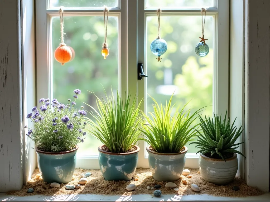 Coastal Beach Window Garden Retreat - A sun-drenched garden window with weathered driftwood accents, featuring a lush arrangement of coastal plants like sea lavender and beach grass. Sandy-colored natural stones and seashells are artfully scattered as mulch below the plants. The window frame is painted in a soft weathered white, with delicate glass fishing floats and small starfish decorations hanging from jute rope. Soft natural light streams through the window, creating a serene coastal atmosphere. The plants are arranged in textured ceramic pots in varying shades of ocean blues and sandy beiges.