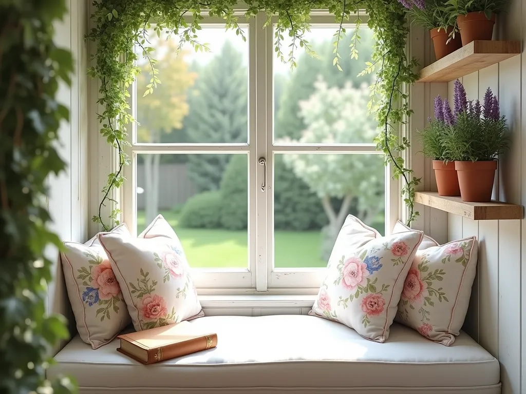 Cozy Cottage Window Seat Garden Nook - A charming interior window seat bathed in natural sunlight, featuring a plush white cushioned built-in bench with pastel floral pillows. Delicate climbing jasmine and English ivy frame the large window, creating a living curtain effect. Crystal-clear window panes showcase a lush cottage garden beyond. Rustic wooden floating shelves hold small terracotta pots with blooming lavender and trailing pothos. The scene has a dreamy, cottagecore aesthetic with soft, diffused lighting and a weathered white paint finish. A worn leather book rests on the window seat, adding to the cozy reading nook atmosphere. Photorealistic, architectural photography style.