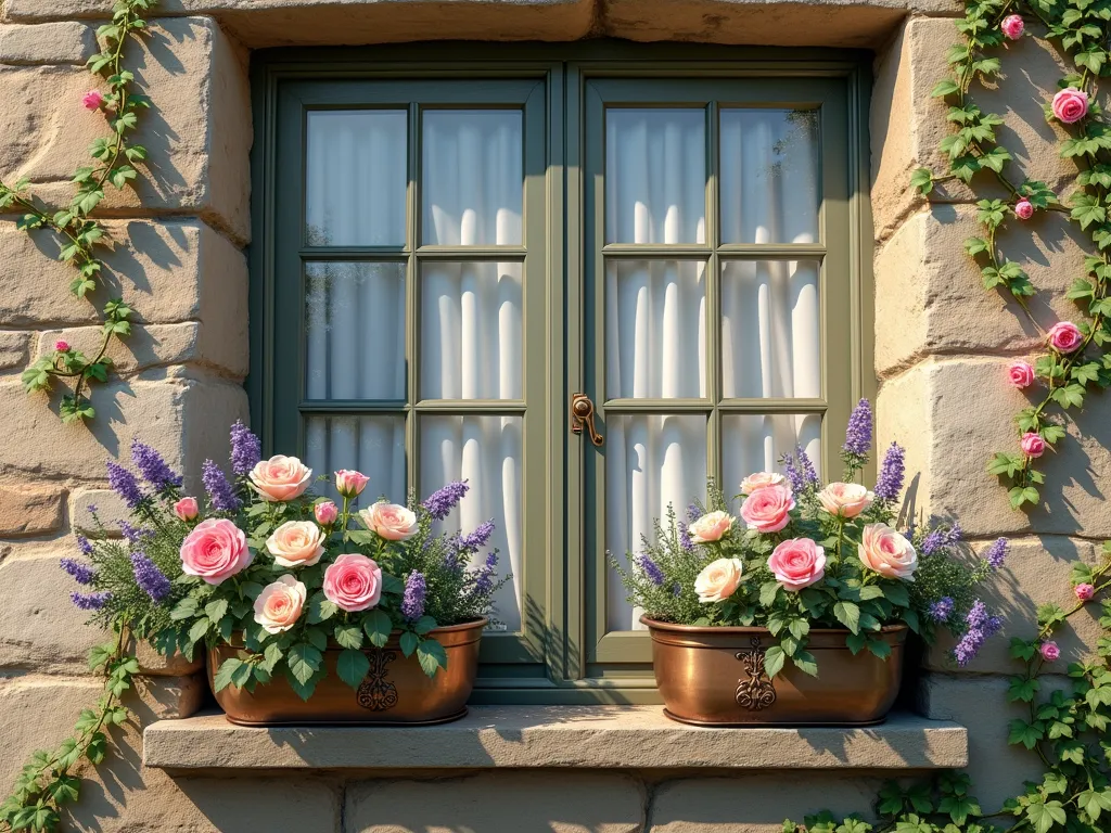 English Cottage Window Garden - A charming cottage window with weathered stone walls, featuring ornate wrought iron window boxes overflowing with blooming pink and white roses, purple lavender, and delicate trailing ivy. Climbing roses frame the window's edges, while antique brass and copper planters sit on the windowsill. Soft morning light filters through the window's traditional mullioned panes, creating a romantic, quintessentially English country garden atmosphere. Photorealistic, detailed botanical illustration style, soft pastoral colors