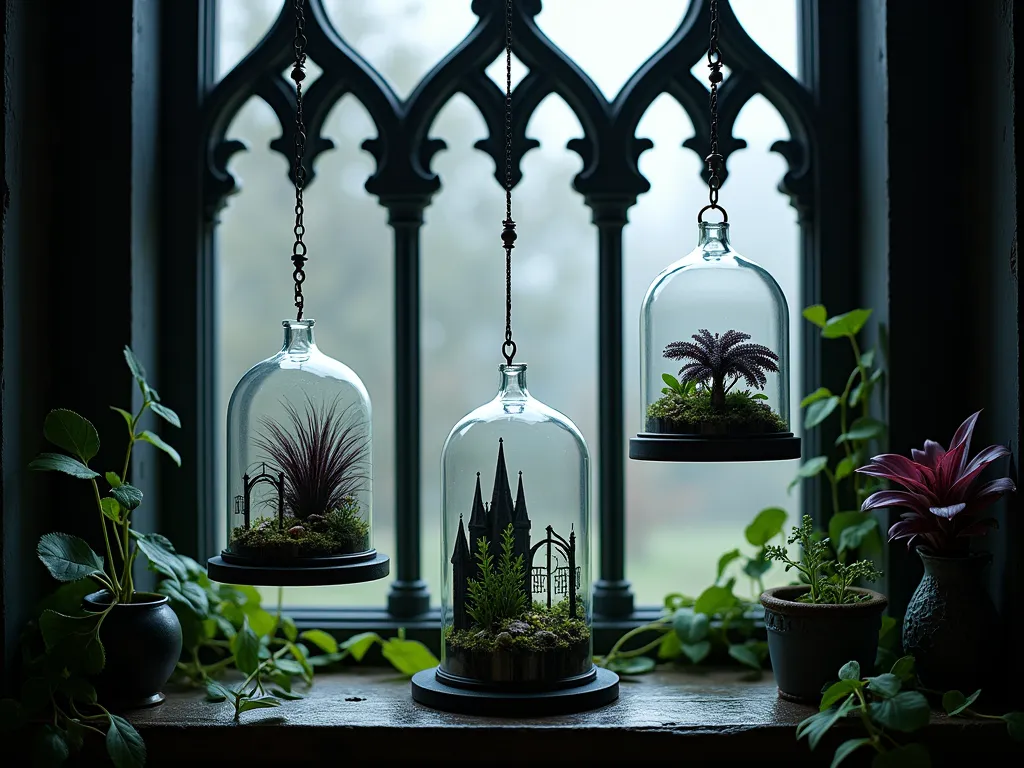 Gothic Garden Window Terrarium Display - A dramatic interior window scene featuring an ornate black-painted Victorian-style window frame with gothic arch details. Multiple glass terrariums of varying sizes hang from decorative wrought iron brackets, containing dark and moody plants like black mondo grass, deep purple coleus, and trailing dark ivy. The terrariums incorporate miniature gothic architectural elements like tiny stone arches and black metalwork. Soft, atmospheric lighting filters through the window, creating mysterious shadows and highlighting the ethereal glass surfaces. The overall composition is elegant and haunting, with a sophisticated dark botanical aesthetic.