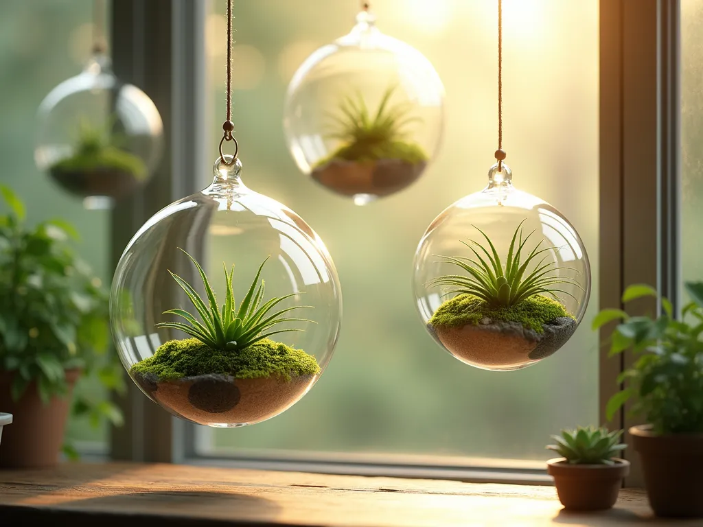 Sunlit Hanging Glass Terrarium Display - Ethereal sunlit window scene with multiple hanging glass sphere terrariums suspended at varying heights, containing lush air plants, emerald moss, and petite succulents. Soft natural light streams through the crystal-clear glass orbs, creating prismatic patterns on nearby surfaces. The terrariums appear to float gracefully, showcasing miniature living ecosystems within their transparent boundaries. Photorealistic, interior design photography style, depth of field, warm morning light.