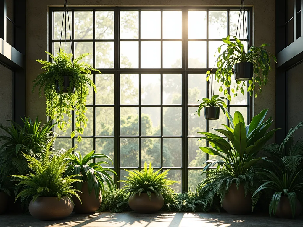 Industrial Metal Garden Window with Urban Jungle - A modern industrial-style window with sleek black metal grid framework, bathed in soft natural light. Large window panes divided by geometric metal frames. Multiple levels of hanging planters and metal plant stands showcase cascading pothos, monstera, and ferns. The stark industrial lines of the window frame contrast with lush green foliage. Photorealistic architectural photography style, warm morning light filtering through the plants, creating a contemporary urban jungle aesthetic.