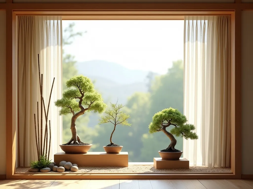 Tranquil Japanese Zen Window Garden - A serene Japanese window scene featuring a natural wooden window frame with elegant bonsai trees displayed on minimalist wooden platforms at varying heights. A small, meticulously raked sand garden with carefully placed stones sits below. Slender bamboo stalks frame one side, while soft natural light filters through sheer curtains. The composition creates a peaceful meditation space with clean lines and perfect balance, photographed in a soft, morning light. Architectural photography style, high-end interior design, 8k resolution.