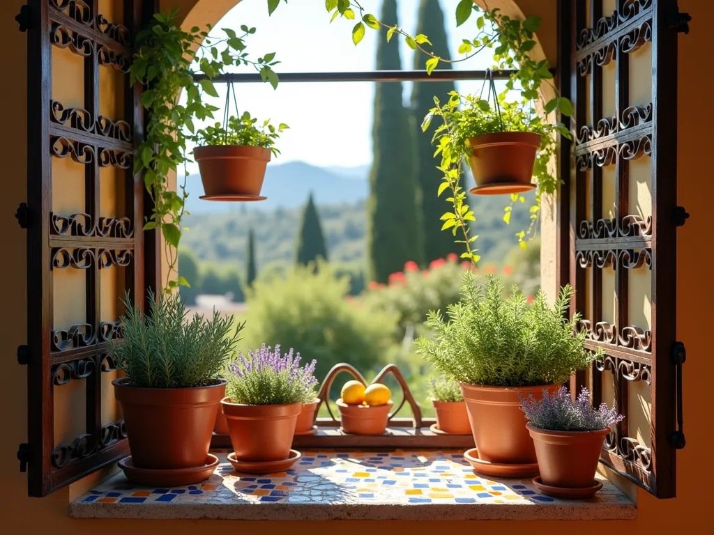 Sun-Kissed Mediterranean Garden Window - A charming interior window view with rich terracotta pots cascading with fresh herbs and a small potted lemon tree, bathed in warm natural sunlight. Intricate wrought iron window grilles frame the scene, while colorful mosaic tiles in blues and oranges accent the windowsill. Hanging copper planters contain trailing rosemary and thyme. The window overlooks a distant Mediterranean landscape with cypress trees. Soft shadows create a romantic, vacation-like atmosphere, with scattered terra cotta pots containing lavender and sage. Photorealistic, warm color palette, architectural photography style.