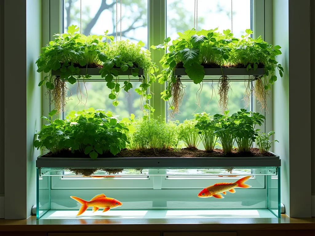 Modern Aquaponic Window Garden System - A sunlit window featuring an elegant aquaponic system with a crystal-clear fish tank at the base, where colorful koi swim peacefully. Above, suspended glass shelves hold lush herbs and lettuce growing hydroponically, their roots dangling in filtered water. The system is integrated seamlessly into a modern window frame, creating a living wall effect with cascading plants. Natural light streams through, casting dancing reflections from the water onto nearby walls, while compact LED grow lights provide supplemental illumination. The overall design is sleek and contemporary, with clean lines and minimalist metal fixtures.