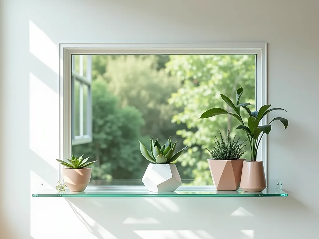 Modern Floating Glass Garden Window - A photorealistic architectural interior view of a sleek, frameless floating glass garden window. The minimalist window appears to hover against a white wall, featuring crystal-clear glass panels with no visible frame. Small modern geometric potted succulents and air plants are artfully displayed on the transparent glass shelf. Natural sunlight streams through the window, casting gentle shadows and highlighting a lush garden view beyond. The design emphasizes clean lines and contemporary aesthetics, with the glass window creating an ethereal, floating effect that seamlessly connects indoor and outdoor spaces.