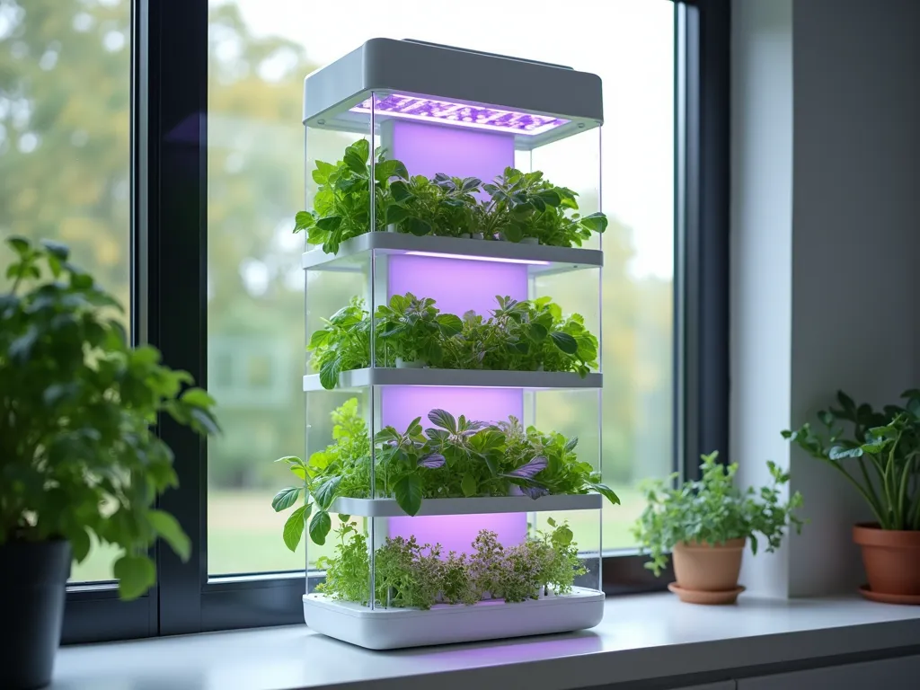 Modern Vertical Hydroponic Window Garden - A sleek, contemporary window setup featuring a pristine white vertical hydroponic system with multiple growing levels, showcasing fresh herbs and lettuce in transparent growing chambers. Soft LED grow lights illuminate the plants with a gentle purple-blue glow, creating a modern art-like display. Clean geometric lines and minimalist design complement the window frame, while lush green herbs and crisp lettuce leaves create an organic contrast against the modern interior. Natural daylight streams through the window, blending with the artificial growing lights.