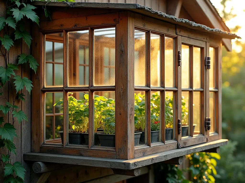 Rustic Greenhouse Window with Vintage Charm - A charming rustic greenhouse window extending from a home's exterior, featuring weathered reclaimed wood framing and multiple glass panels in a grid pattern. Sunlight streams through the glass, illuminating a collection of lush tropical plants and seedling trays inside. The window creates a mini conservatory effect with vintage-inspired brass hardware and patinated copper details. The wood frame shows natural aging with a warm honey-brown tone, complemented by climbing vines along its edges. Shot during golden hour with a soft, dreamy atmosphere, photorealistic, architectural detail, 4k quality.