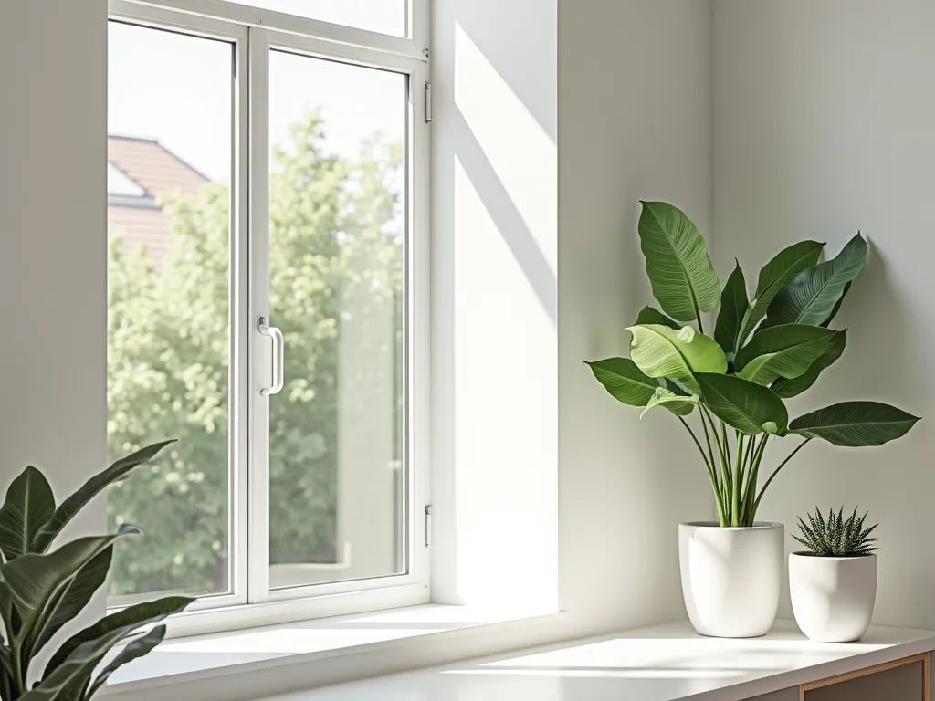 Scandinavian Garden Window with Minimalist White Planters - A bright, serene garden window with a minimalist Scandinavian design. Clean white floating shelves hold sleek, cylindrical white ceramic planters. Natural light streams through the large window, casting gentle shadows. A single dramatic Monstera deliciosa and several small succulents are artfully arranged against a pale birch wood frame. The space features geometric lines and uncluttered organization, with a white and light wood color palette. Hyper-realistic, architectural photography style, soft natural lighting.