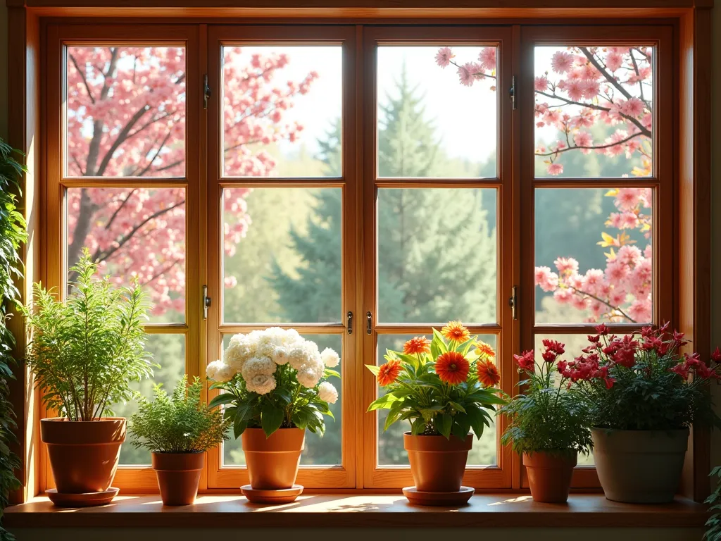 Four Seasons Garden Window Display - A stunning split-view garden window featuring four seasonal transitions, photorealistic, warm natural lighting. Each quarter shows different blooming plants: spring cherry blossoms and tulips, summer hydrangeas and roses, autumn chrysanthemums and maple leaves, winter poinsettias and evergreens. Beautiful wooden adjustable shelving with copper accents, crystal-clear glass, soft sunlight streaming through. Multiple elegant ceramic and terracotta pots of varying sizes. Professional interior photography style, 4k, detailed craftsmanship