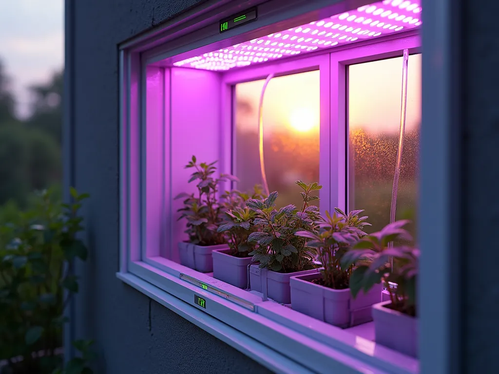 Modern Smart Garden Window - A sleek, modern garden window bay featuring an integrated smart growing system. The window extends outward with clear glass panels, showcasing a variety of thriving herbs and small plants bathed in purple-blue LED grow lights. Minimalist white frames contain subtle digital displays showing temperature and humidity levels. Thin transparent tubes for automated watering weave elegantly between the plants. The scene is captured during sunset, with warm natural light mixing with the tech-enhanced growing environment, creating a ethereal atmosphere. Small sensors with subtle green indicator lights are visible among the foliage, while condensation on the glass adds organic texture to the high-tech setup. Photorealistic, architectural visualization, 8k detail.