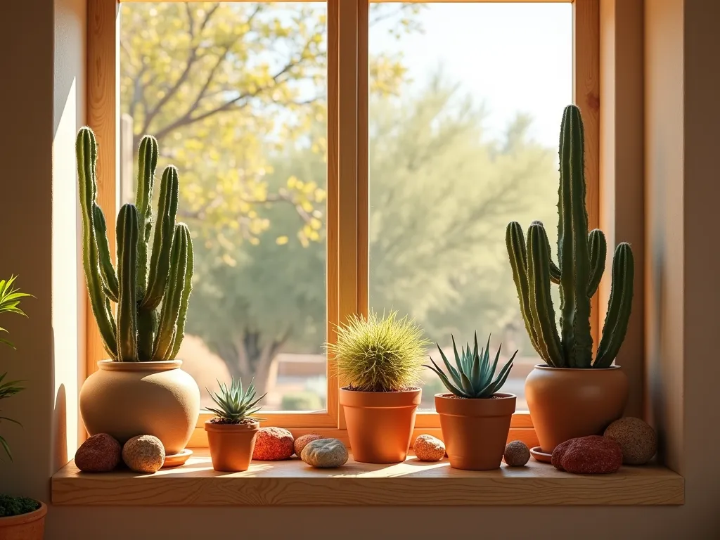 Southwestern Desert Garden Window Display - A sun-drenched window bay with a curated collection of cacti and succulents arranged on natural wooden shelves. Terra cotta and sandy-colored ceramic pots of varying sizes display Saguaro, Barrel, and Prickly Pear cacti, alongside Desert Rose and blue Agave plants. Smooth river rocks and red sandstone decoratively arranged between pots. Golden afternoon sunlight streams through the window, casting dramatic shadows and highlighting the architectural shapes of the desert plants. The scene is styled in a modern southwestern aesthetic with earthy tones and clean lines. Photorealistic, high detail, warm lighting.