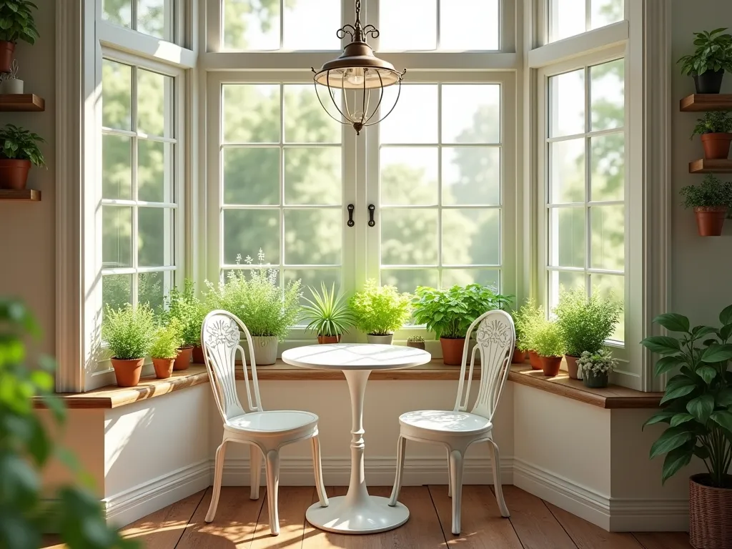 Sunny Garden Window Breakfast Nook - A cozy, sun-drenched breakfast nook featuring a large bay-style garden window with built-in glass shelves holding potted herbs and small flowering plants. A round white bistro table with two elegant cafe chairs sits in front of the window. Morning sunlight streams through the window, casting gentle shadows on a rustic wooden floor. Fresh basil, mint, and rosemary plants create a living backdrop, while small succulents add visual interest to the upper shelves. The window frame is painted crisp white, and a delicate vintage-style pendant light hangs above the table. Photorealistic, interior design photography style, warm morning lighting, 4k detailed.