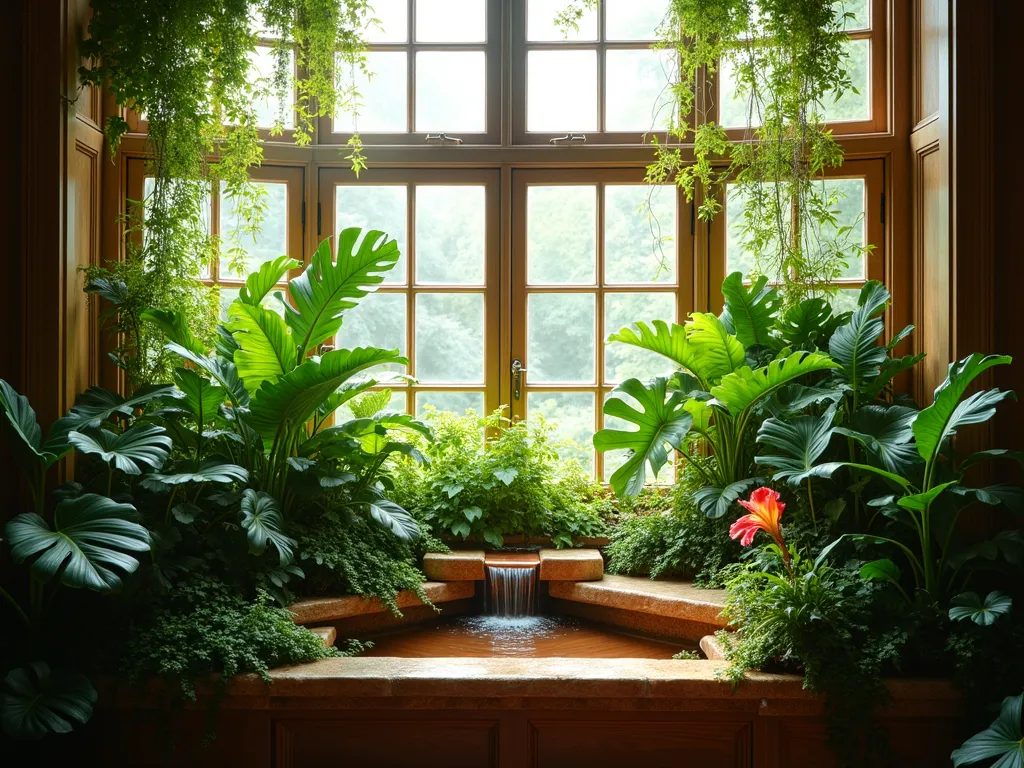 Luxuriant Tropical Garden Window Oasis - A sunlit garden window box extending from a home's interior, featuring a stunning multi-tiered display of lush tropical plants. The deep window space showcases cascading Boston ferns, large-leafed monstera deliciosa, and climbing philodendrons in various shades of green. A small copper-toned waterfall feature trickles down natural stone, creating a peaceful atmosphere. Filtered sunlight streams through the window panes, casting dappled shadows on the verdant foliage. The humid microclimate is evident through a slight mist in the air, while tropical flowers add pops of vibrant color. Photorealistic, architectural photography style, warm natural lighting.