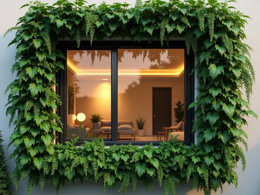 Verdant Window Living Wall Frame - Photorealistic architectural photography of a large residential window elegantly framed by a living wall system, shot during golden hour. A cascading arrangement of lush plants surrounds the window frame, featuring trailing pothos, delicate ferns, and small-leafed vines creating a natural green picture frame effect. The window reveals a warm interior space, while the living wall appears three-dimensional and well-maintained, with varying textures and shades of green. The design shows a sophisticated modern integration of nature with architecture, photographed with depth of field and soft natural lighting.