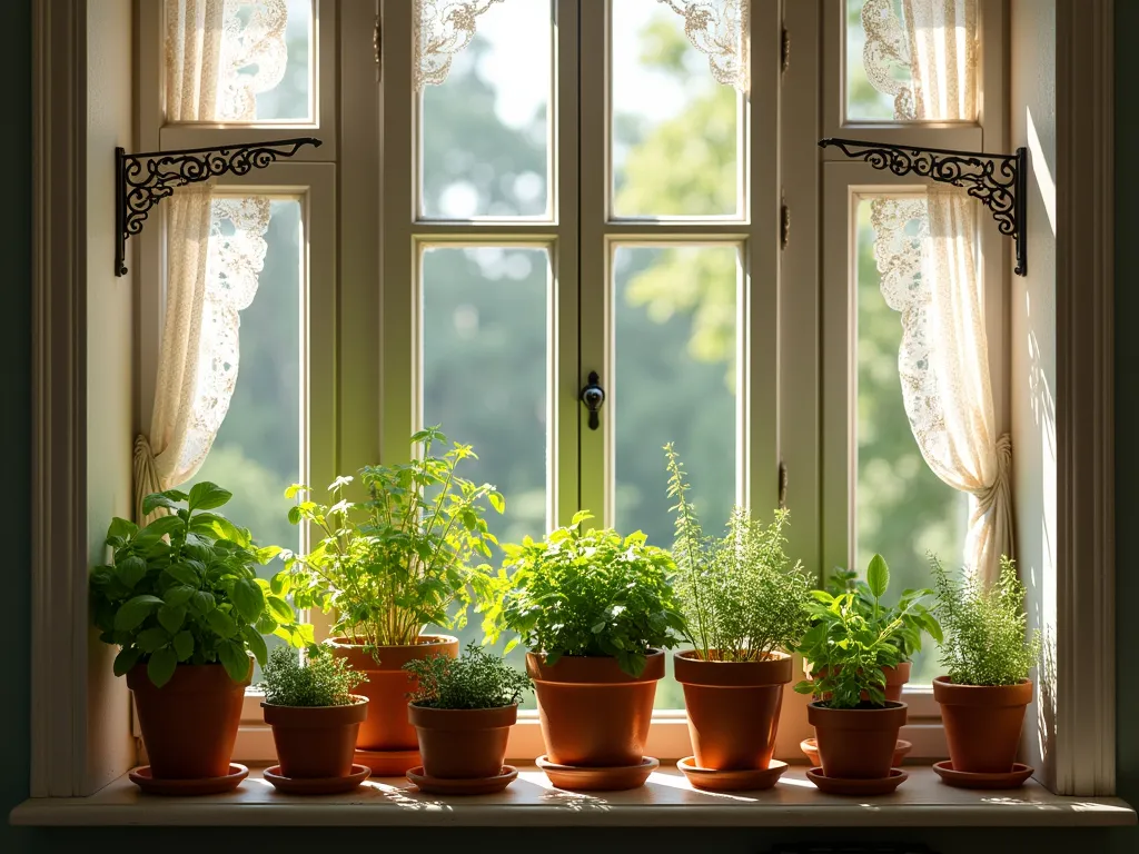 Victorian Bay Window Herb Garden - Elegant Victorian-style bay window with ornate wrought iron shelving brackets, bathed in warm natural light. Multiple tiers of weathered terracotta pots contain lush culinary herbs. Vintage-inspired white-painted wooden shelves span the window width. Fresh basil, cascading thyme, and aromatic mint plants flourish in rustic clay pots. Period details include intricate lace café curtains and polished wooden windowsill. Photorealistic, soft morning light, architectural photography style.