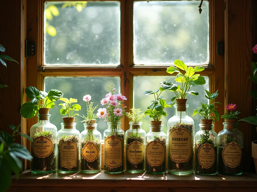 Vintage Apothecary Garden Window Display - A sunlit Victorian-style garden window with ornate wooden shelving featuring intricate carved details, filled with antique glass apothecary bottles in various sizes containing delicate propagated plants and flowers. The bottles are labeled with vintage-style botanical labels, some containing rooting pothos, herb cuttings, and small water gardens. Warm natural light streams through clear glass panes, creating a magical atmosphere with subtle dust particles visible in the light beams. The wooden frame has a weathered patina, and small brass hardware accents complete the old-world pharmacy aesthetic.