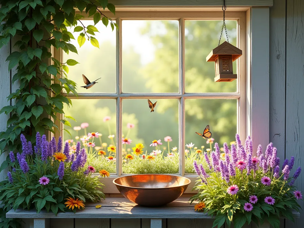 Enchanting Wildlife Window Garden - A sun-drenched garden window with a luxuriant display of native wildflowers, featuring purple coneflowers, black-eyed susans, and native sage. A decorative copper bird bath sits among the plants, catching morning light. Several hummingbirds hover near bright flowers while monarch butterflies rest on blooms. The window frame is weathered white wood, and climbing native honeysuckle partially frames the edges. A small wooden bird feeder hangs visible through clear viewing areas. Soft morning light illuminates the scene, creating a dreamy, nature-inspired atmosphere. Photorealistic, detailed, 4K quality.