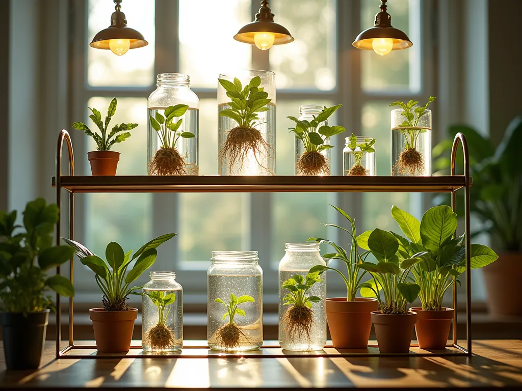 Sunlit Window Propagation Display - A sun-drenched bay window featuring an elegant three-tiered glass and brass shelving unit with multiple crystal-clear propagation vessels. Various glass containers hold plant cuttings at different stages of root development, with delicate white roots visible through the water. Warm LED grow lights cast a gentle glow, suspended above each level. Pothos, monstera, and philodendron cuttings float in vintage-style apothecary jars and modern test tubes. Sunbeams filter through the window, creating rainbow prisms in the water vessels. The scene is styled with a minimalist botanical laboratory aesthetic, photorealistic, 4k, detailed