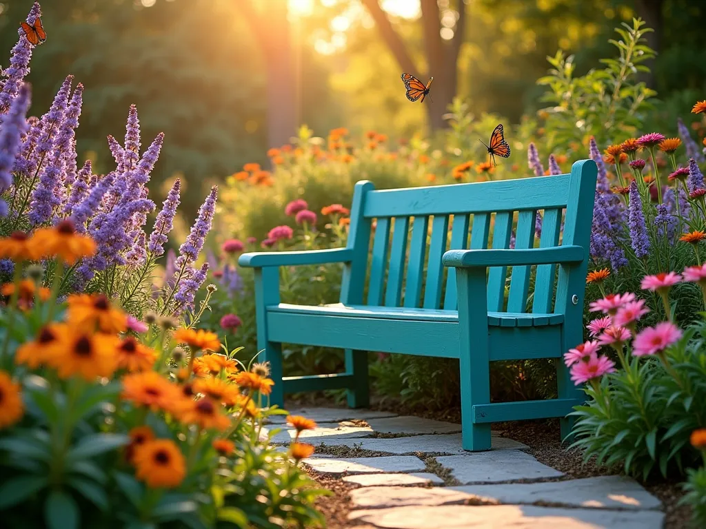 Butterfly Haven Garden Bench - A serene garden scene at golden hour, featuring a vibrant teal-painted wooden bench nestled among a lush butterfly garden. The bench sits on a curved flagstone path, surrounded by blooming purple butterfly bushes, orange and yellow lantana clusters, and pink echinacea flowers. Several monarch and swallowtail butterflies hover near the flowers. Soft, warm sunlight filters through the foliage, creating dappled shadows on the bench and path. The composition is captured from a three-quarter angle, showing both the inviting bench seat and the colorful garden backdrop. Shot with a DSLR camera, wide-angle lens at f/8, ISO 100, 1/125 sec, during golden hour for magical lighting.