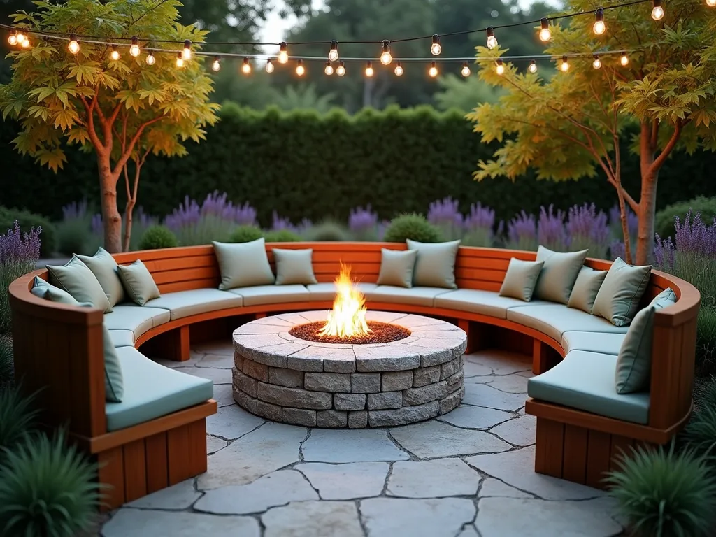 Circular Garden Conversation Bench at Twilight - A captivating wide-angle DSLR photo of a circular wooden conversation bench elegantly wrapping around a modern stone fire pit in a beautifully landscaped garden. The bench features comfortable cushions in muted sage green. Ornamental grasses and lavender sway gently in the background, while string lights draped overhead create a magical ambiance in the twilight hour. Japanese maple trees provide architectural interest, and the warm glow from the fire pit casts intimate shadows across the natural flagstone patio. The circular design creates an inviting social space that seamlessly integrates with the surrounding garden landscape. Shot with shallow depth of field highlighting the craftsmanship of the bench while softly blurring the lush garden backdrop.