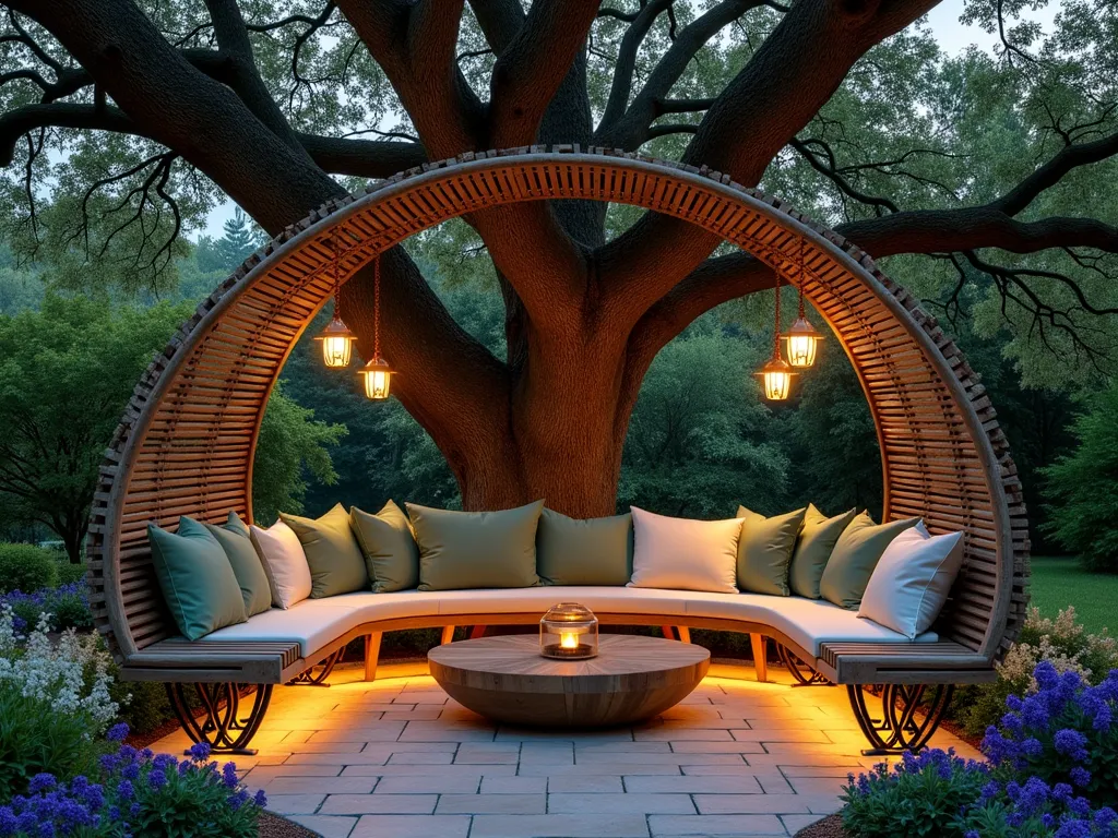 Living Edge Tree Bench at Sunset - A twilight garden scene featuring a handcrafted circular wooden bench elegantly wrapped around a majestic mature oak tree, photographed with a 16-35mm lens at f/2.8, ISO 400. The bench features a natural curved design with weathered teak planks and ornate iron supports. Plush weather-resistant sage green and cream cushions adorn the seating. Soft ambient lighting from copper lanterns hung in the tree's branches creates a magical atmosphere. The tree's sprawling canopy casts intricate shadows on the surrounding flagstone patio, while purple and white flowering perennials border the space. A gentle evening breeze rustles through the oak leaves, captured in slight motion blur, creating a dreamy, enchanted garden atmosphere. Wide-angle perspective showcases the entire circular seating area within its garden context.