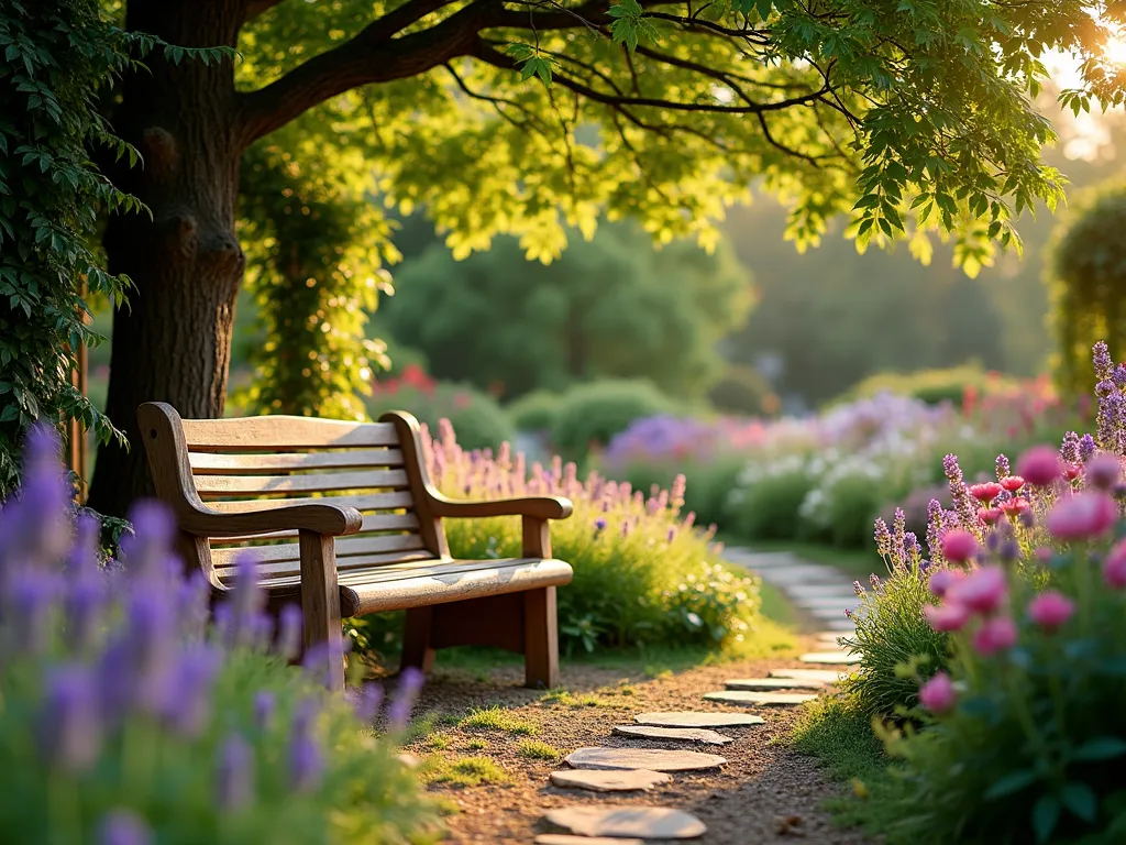 Sunlit Teak Garden Bench Haven - A serene garden scene captured during golden hour, featuring a weathered teak garden bench with graceful curves nestled beneath a mature maple tree. The bench is surrounded by a lush border of blooming lavender, purple coneflowers, and pink roses. Soft, dappled sunlight filters through the tree canopy, creating magical light patterns on the natural patina of the wooden bench. The wide-angle composition shows a winding stone path leading to the bench, while climbing clematis adorns a nearby trellis. Professional photography with shallow depth of field emphasizes the bench's rich wooden textures while maintaining the dreamy, garden atmosphere. The scene expertly balances formal and cottage garden elements, with carefully planned but seemingly natural-looking plant placement.