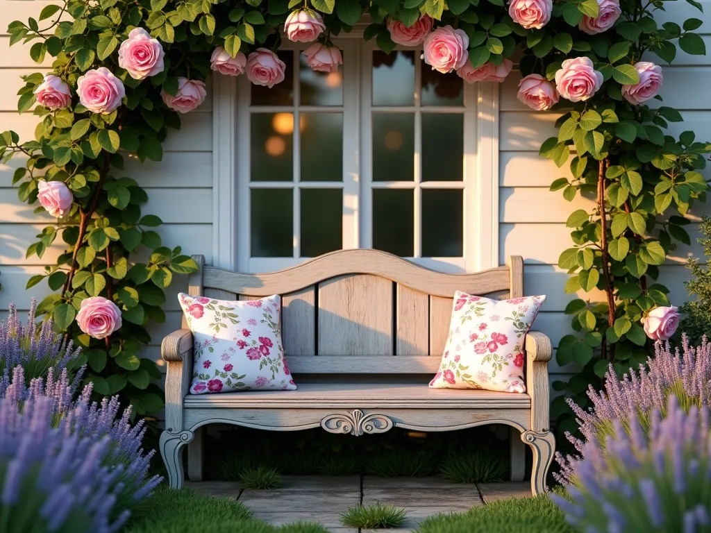 Enchanting Cottage Window Bench - A charming vintage-style wooden bench nestled beneath a white-framed cottage window, photographed during golden hour. Lush English lavender plants create a fragrant border, while climbing roses in soft pink hues frame the window above. The bench features weathered wood with decorative details, adorned with plump floral cushions. Surrounding cottage garden perennials in pastel purples and pinks create a romantic atmosphere. The scene is captured from a slight angle, showing both the intimate seating area and the architectural details of the window, with soft evening light casting warm shadows across the garden vignette. Shot with shallow depth of field highlighting the bench while keeping the flowering backdrop dreamy and ethereal. 8K, hyper-realistic, professional photography.