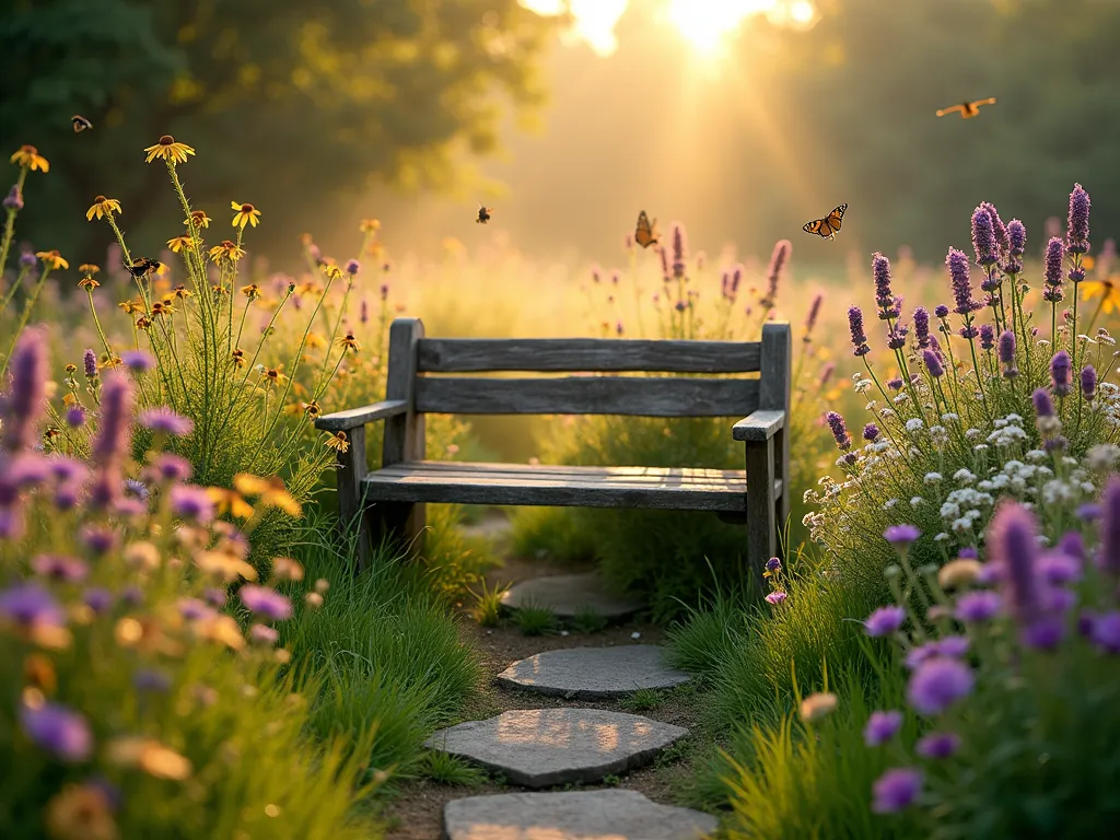 Enchanted Wildflower Meadow Bench at Dawn - A serene garden scene at dawn capturing a weathered wooden bench nestled within a lush wildflower meadow, photographed with a wide-angle 16-35mm lens at f/2.8. Golden morning light filters through the flowers, creating a magical atmosphere. The meadow features a vibrant mix of native wildflowers including purple coneflowers, black-eyed susans, and Queen Anne's lace swaying gently in the breeze. Butterflies hover around lavender stalks, while bumblebees visit nearby flowering cosmos. A natural pathway of stepping stones leads to the bench, which is crafted from reclaimed oak with a rustic finish. Morning dew sparkles on the flower petals, and wispy fog lingers low around the bench's feet. The composition shows depth with the bench positioned in the middle ground, surrounded by layers of varying height wildflowers, creating an intimate cottage garden atmosphere.