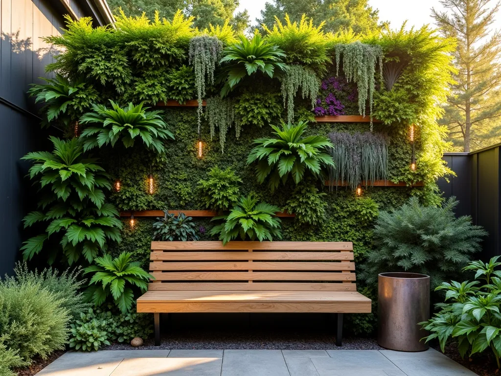 Enchanting Living Wall Garden Bench - A serene garden scene at golden hour featuring a contemporary wooden bench nestled beneath a spectacular living wall. The vertical garden cascades with layers of ferns, trailing ivy, and flowering jasmine, creating a lush green tapestry. Soft evening light filters through the foliage, casting dappled shadows on the natural teak bench below. The living wall integrates patches of aromatic lavender, rosemary, and mint, while delicate string lights weave through the greenery. Shot from a medium-wide angle to capture both the impressive height of the living wall and the inviting bench setting, with shallow depth of field emphasizing the organic textures. A copper water feature trickles nearby, adding peaceful ambient sounds.