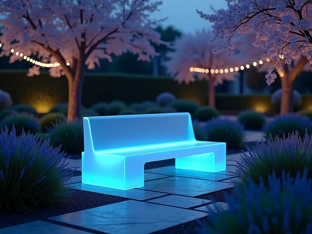 Ethereal Illuminated Garden Bench at Twilight - Stunning twilight garden scene featuring a modern translucent acrylic bench emitting a soft ethereal blue glow through LED lighting, set against a peaceful Japanese maple garden. The bench appears to float on a natural stone path surrounded by ornamental grasses and lavender. Gentle accent lighting highlights nearby cherry blossom branches and creates magical shadows. Captured with a wide-angle perspective showing the bench as a centerpiece, with subtle depth of field highlighting dewdrops on nearby foliage. The composition includes delicate string lights draped in background trees, creating a dreamy bokeh effect. Shot during the blue hour with long exposure to capture the luminescence, 8K quality, photorealistic detail.