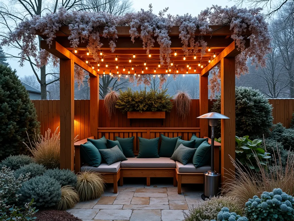 Four-Season Garden Bench Haven - A cozy, elegant garden scene featuring a custom-built wooden bench nestled under a robust cedar pergola draped with winter-blooming jasmine and wisteria. The bench area includes plush, weather-resistant cushions in deep forest green, illuminated by warm string lights intertwined in the pergola's beams. Surrounding the seating area are strategic plantings of evergreen boxwoods, ornamental grasses, and winter-flowering hellebores. A sleek, copper-finished patio heater stands discretely to one side, while frost-covered ornamental berries and dried hydrangea heads add winter interest. Shot from a wide angle at dusk, with warm lighting creating a magical atmosphere against the winter garden backdrop.