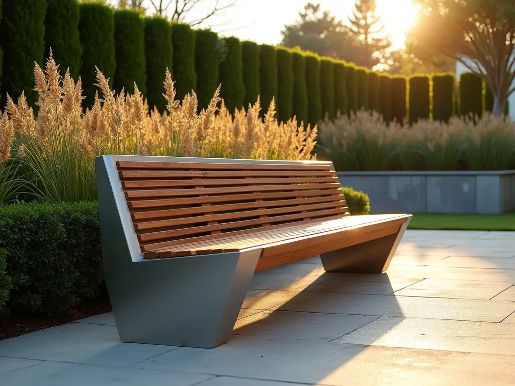 Contemporary Geometric Garden Bench at Sunset - A stunning architectural garden bench with clean geometric lines, photographed at golden hour in a modern minimal garden setting. The bench features a sculptural design combining brushed stainless steel frame with warm ipe wood slats in a diagonal pattern. Set against a backdrop of tall ornamental grasses and structured boxwood hedges. Low-angle shot capturing dramatic shadows cast by the angular bench design. Soft evening light filters through the grasses, creating a serene atmosphere. Premium DSLR photo with crisp details and perfect exposure, f/8, ISO 100, showcasing the interplay of natural and designed elements.